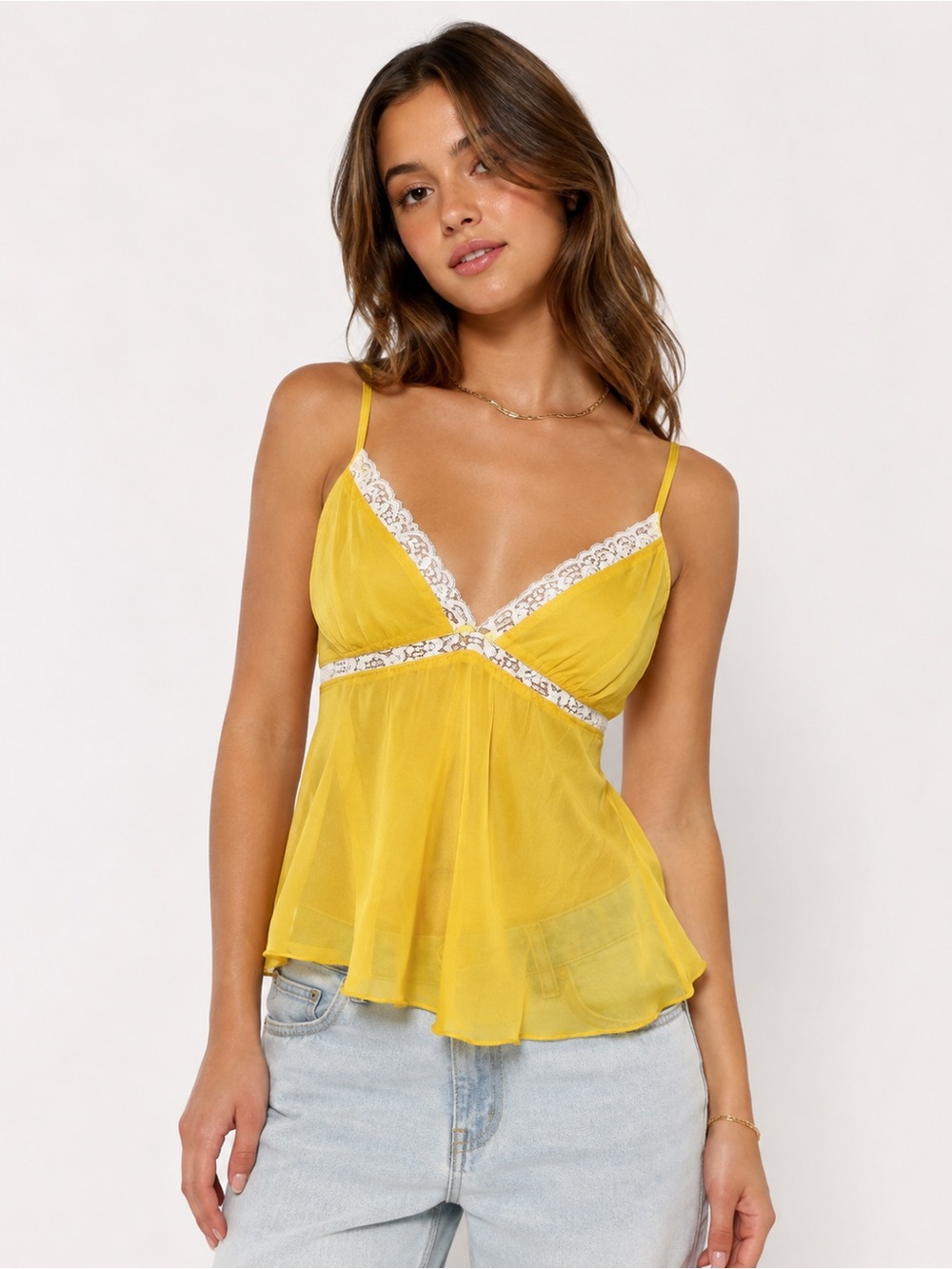 Honeydew Yellow Sheer Lace Trim Camisole Top Y2K Romantic Lingerie Cami